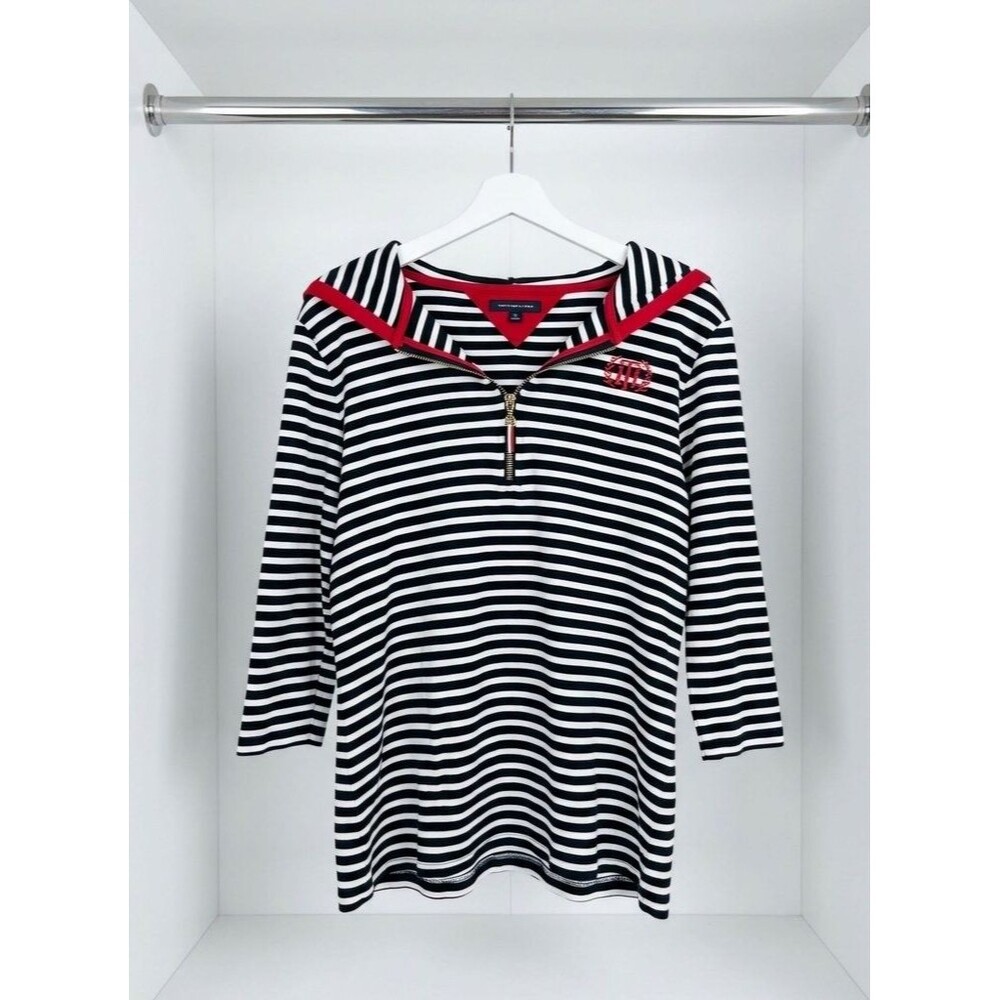 Tommy Hilfiger Striped Quarter-Zip Hooded Top - Size M